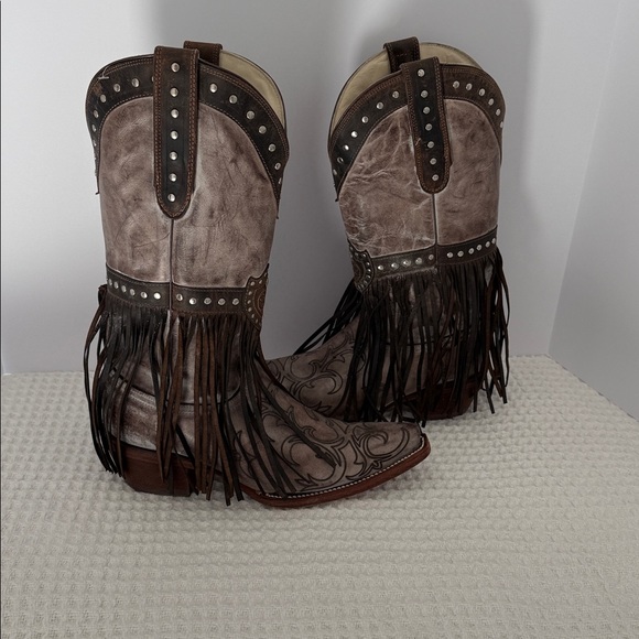 WOMENS J.B. Dillon leather fringe brown cowboy boots SZ 9 - Picture 4 of 8